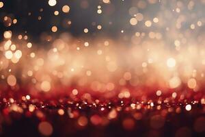 ai gegenereerd feestelijk Kerstmis gouden licht schijnen deeltjes Aan abstract donker rood en goud achtergrond. foto