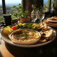 ai gegenereerd hummus in een houten bord met peterselie en croutons. gerechten van kikkererwten, een vegetarisch gerecht. ai generatief. foto