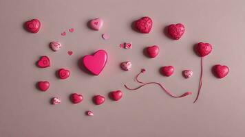 ai gegenereerd valentijnsdag dag viering, roze geschenk doos met goud lint en hart romantisch banier liefde concept Aan roze achtergrond 3d weergave. 3d geven illustratie. vlak leggen, top visie foto