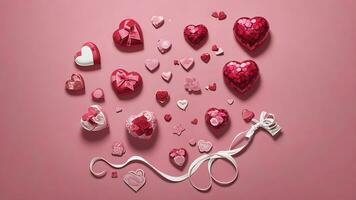 ai gegenereerd valentijnsdag dag viering, roze geschenk doos met goud lint en hart romantisch banier liefde concept Aan roze achtergrond 3d weergave. 3d geven illustratie. vlak leggen, top visie foto