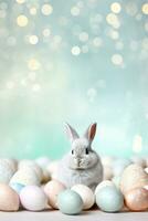 ai gegenereerd mooi Pasen achtergrond met eieren, schitteren, schattig konijn en kopiëren ruimte voor tekst. zacht, pastel kleuren. rustig en blij tafereel. perfect voor vakantie-thema ontwerpen, groet kaarten. foto