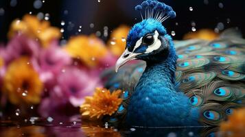 ai gegenereerd Pauw vogel kleurrijk blauw dier behoud fauna foto