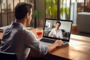 ai gegenereerd zakenman werken en communiceren in laptop of vergadering met klant Aan de tafel .ai gegenereerd foto