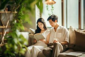 ai gegenereerd foto gelukkig mooi jong Aziatisch vrouw ontspannende Aan sofa lezing boek in leven kamer.ai gegenereerd