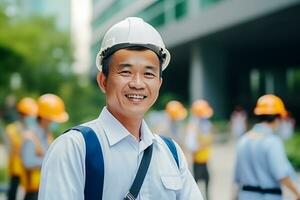 ai gegenereerd foto van jong Aziatisch ingenieur Mens knap glimlachen in oranje hesje. fabriek arbeider. ai gegenereerd