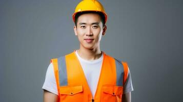 ai gegenereerd foto van jong Aziatisch ingenieur Mens knap glimlachen in oranje hesje. fabriek arbeider. ai gegenereerd