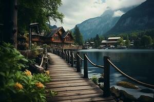 ai gegenereerd houten brug door de meer met heuvels natuur landschap foto