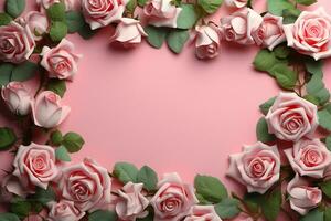 ai gegenereerd rozen bloem kader met blanco ruimte Aan roze achtergrond foto