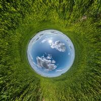 blauw gat gebied weinig planeet binnen groen gras ronde kader achtergrond foto