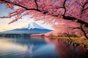 ai gegenereerd mt fuji en kers bloesem Bij kawaguchiko meer in Japan, ai gegenereerd foto