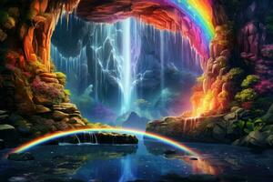 ai gegenereerd fantasie landschap met waterval en regenboog, 3d veroorzaken. computer digitaal tekening, een magisch regenboog waterval gieten naar beneden in een glimmend kristal zwembad, ai gegenereerd foto