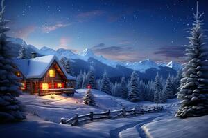 ai gegenereerd winter landschap met houten huis in de bergen Bij nacht. Kerstmis achtergrond, ai gegenereerd foto
