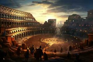 ai gegenereerd colosseum in Rome Bij zonsondergang, Italië. panoramisch visie, ai gegenereerd foto