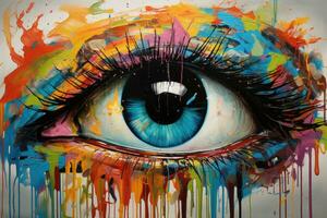 ai gegenereerd dichtbij omhoog van mooi vrouw oog met abstract kleurrijk verf spatten, kleurrijk oog schilderen, ai gegenereerd foto