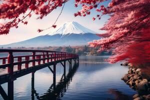 ai gegenereerd mt fuji en kers bloesem Bij kawaguchiko meer in Japan. kleurrijk herfst seizoen en monteren fuji met ochtend- mist en rood bladeren Bij meer kawaguchiko, ai gegenereerd foto