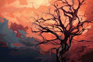 ai gegenereerd illustratie van een boom in de midden- van de Woud Bij zonsondergang, digitaal abstract illustratie van een boom, ai gegenereerd foto