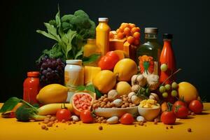 ai gegenereerd gezond voedsel. groenten, fruit en andere levensmiddelen, samenstelling met voedsel producten rijk in ijzer, ai gegenereerd foto
