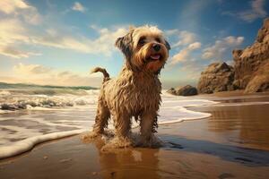 ai gegenereerd hond Aan de strand Bij zonsondergang. zwart en wit foto met kopiëren ruimte, hond Aan de strand, ai gegenereerd