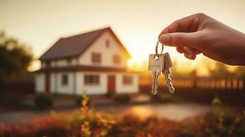 ai gegenereerd een Mens gedragen omhoog huis sleutel en wazig modern huis in achtergrond, echt landgoed concept, vol dag licht foto