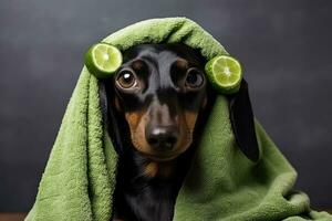 ai gegenereerd teckel hond in een groen handdoek met limoen plakjes, hond teckel, zwart en bruinen, ontspannen van spa procedures Aan de gezicht met komkommer, gedekt met een handdoek, ai gegenereerd foto