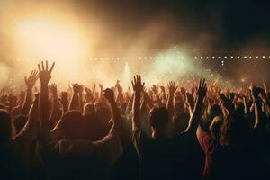 ai gegenereerd menigte juichen Bij een muziek- festival met handen verheven in de lucht, menigte verhogen handen in de lucht en genieten van een concert Bij een festival, ai gegenereerd foto