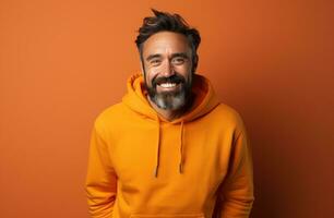 ai gegenereerd een mannetje in een oranje jumper poseren voor een foto, foto