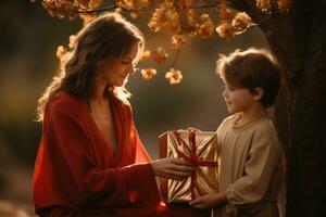 ai gegenereerd een vrouw houdt een groot rood geschenk doos met weinig jongen Aan een boom, foto
