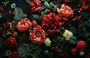 ai gegenereerd een arrangement van bloemen Aan zwart, achtergrond, foto