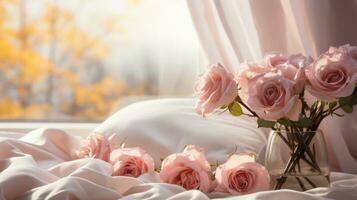 ai gegenereerd een wit slaapkamer met een pluizig donsdeken, een vaas van roze rozen Aan een nachtkastje tafel, foto
