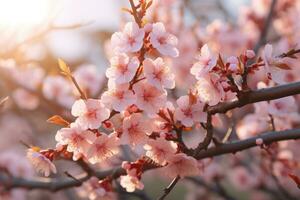 ai gegenereerd dichtbij omhoog schot van een abrikoos boom met kers bloesems foto