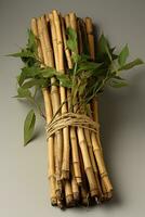 ai gegenereerd droog bamboe stokjes met bladeren in natuurlijk kleur, foto