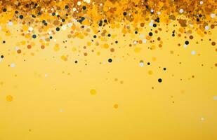 ai gegenereerd goud en kleurrijk confetti deeltjes Aan een geel achtergrond, foto