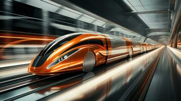 ai gegenereerd een oranje en zilver trein te hard rijden naar beneden de trein sporen, foto