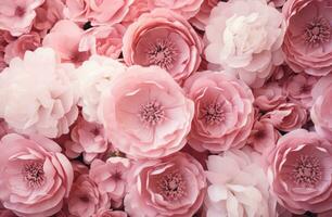 ai gegenereerd roze pioen achtergrond met wit en roze bloemen, romantisch invloeden, foto