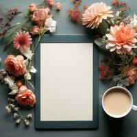 ai gegenereerd tablet met bloemen in de cirkel mockup foto