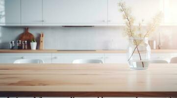 ai gegenereerd geïsoleerd houten keuken tafel in abstract wit interieur met Doorzichtig glas, foto