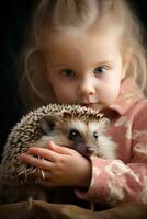 ai gegenereerd een nieuwsgierig weinig meisje collega's in zich afvragen Bij een klein en wazig baby egel resting in haar handen. foto