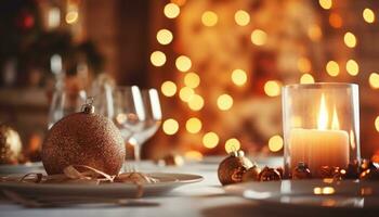 ai gegenereerd een Kerstmis tafel instelling met een haard in een achtergrond, foto