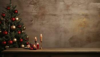 ai gegenereerd Kerstmis achtergrond met boom Bij tafel, foto