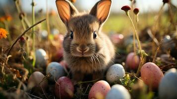 ai gegenereerd een schattig konijn omringd door kleurrijk eieren en zittend in een met gras begroeid veld- foto