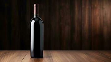 ai gegenereerd wijn fles met blanco voorkant, realistisch Aan een mockup sjabloon in een houten tafel in restaurant foto