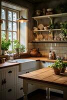 ai gegenereerd een rustiek en uitnodigend keuken, compleet met houten werkbladen en wijnoogst decor, foto