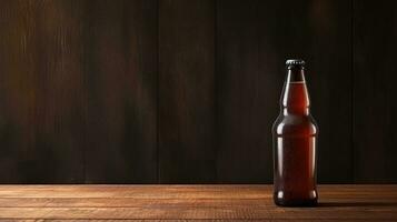 ai gegenereerd bier fles met blanco voorkant, realistisch Aan een mockup sjabloon in een houten tafel in een Iers kroeg foto