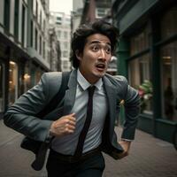 ai gegenereerd een Aziatisch Mens in een stropdas loopt Aan een stad straat, foto