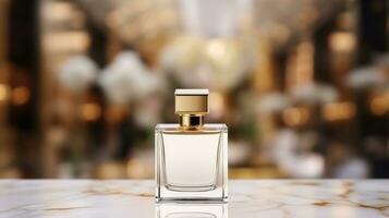 ai gegenereerd parfum fles met blanco voorkant, realistisch Aan een mockup sjabloon in een tafel in een luxe op te slaan foto