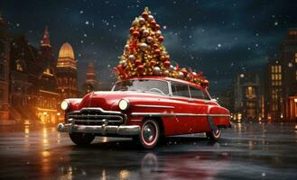 ai gegenereerd rood weg auto met Kerstmis boom Aan bovenkant, foto