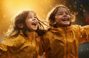 ai gegenereerd twee jong meisjes spelen in regenen, foto