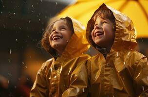 ai gegenereerd kinderen in regenjassen genieten van zich, foto