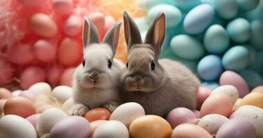 ai gegenereerd twee konijnen zitten in een stapel van gekleurde Pasen eieren, foto