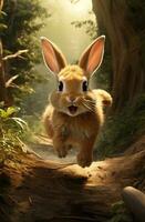 ai gegenereerd een schattig konijn is rennen door de bossen in de zonlicht foto